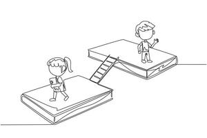 Single one line drawing kids walking on books. A book exhibition concept. Display many books, from scientific books to fiction story books. Book festival. Continuous line design graphic illustration vector