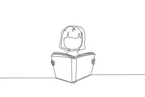 Single continuous line drawing girl sitting reading a book on a stand. Enthusiasm that never goes away. Very happy when reading story books. Book festival concept. One line design vector illustration