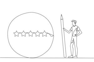 Single continuous line drawing happy man stands holding a large pencil and next to is a large circle encircling all 5 stars. Five star rating positive feedback. One line design vector illustration