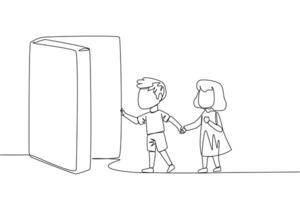 Single one line drawing the kids open the book-shaped door. Books can open mind and see everywhere. Increase knowledge about the wider world. Book festival. Continuous line design graphic illustration vector