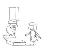 Continuous one line drawing girls climb the stairs from the book stack. Towards the wide open door. Metaphor of finding answers from books. Book festival. Single line draw design vector illustration