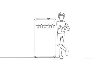 Single one line drawing young happy smiling man stands casually next to a large smartphone, other hand giving a thumbs up gesture. Give review 5 star. Continuous line design graphic illustration vector