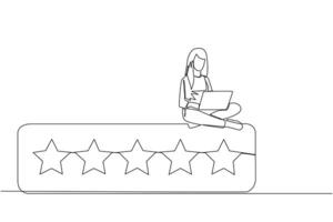 Continuous one line drawing young happy woman sitting on rating board typing laptop computer. Give 5 stars and a very satisfying review. Online shopping. Single line draw design vector illustration