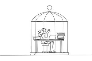 Single continuous line drawing robot trapped in cage sitting on office chair holding head. Being in routine trap. Tired and irritated with the daily grind. AI tech. One line design vector illustration