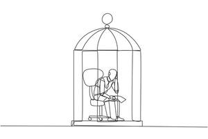 Single one line drawing robotic trapped in the cage sitting pensively holding paper. Failed business. Read the bankruptcy statement. Frustration. Sad. Tech. Continuous line design graphic illustration vector