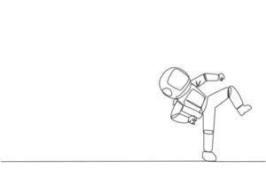 continuo uno línea dibujo joven astronauta haciendo taekwondo movimientos pateando movimiento. fuerte piernas. acuerdo negocio con deporte. mantener sano permanecer fuerte. soltero línea dibujar diseño vector ilustración