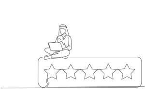 Single one line drawing young happy Arabian man sitting on rating board typing laptop computer. Give 5 stars and a very satisfying review. Online shopping. Continuous line design graphic illustration vector
