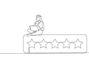 Single one line drawing young happy Arabian man sitting on rating board typing laptop computer. Give 5 stars and a very satisfying review. Online shopping. Continuous line design graphic illustration vector