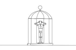 Single continuous line drawing tired robot trapped in the cage standing frustrated holding head. Anxiety caused cannot move freely. Confined. Imprisoned. AI tech. One line design vector illustration