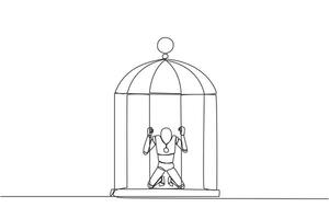 Single continuous line drawing robot trapped in the cage kneeling holding iron bars. Framed by business partner. Have to bear all the consequences. Unfair. AI tech. One line design vector illustration