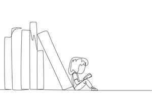 Continuous one line drawing girl reading sitting leaning against a pile of books. Habit of reading books every day. Library. Good habit. Book festival. Single line draw design vector illustration