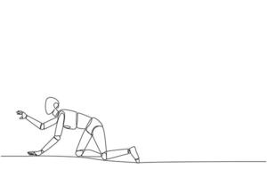 Single continuous line drawing robot artificial intelligence. Trying to get up after being attacked by pandemic. Starting from crawling, walking, then running fast. One line design vector illustration