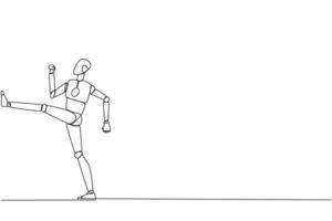 Single continuous line drawing robot doing kicking motion. Stretch before office hours start. A healthy way to stay focused on doing business. Disciplined. AI tech. One line design vector illustration