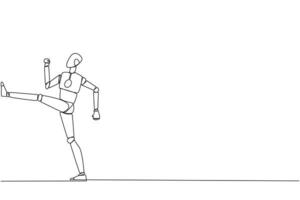 Single continuous line drawing robot doing kicking motion. Stretch before office hours start. A healthy way to stay focused on doing business. Disciplined. AI tech. One line design vector illustration