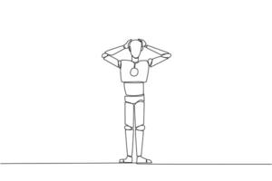 Single one line drawing robot standing straight holding head with both hands. Gestures excited or surprised. Unusual facial expressions. Startled. AI tech. Continuous line design graphic illustration vector