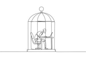 Single one line drawing robot trapped in the cage working on laptop computer. Plan to take annual leave to get away from routine. Workaholic. Overtime. Continuous line design graphic illustration vector