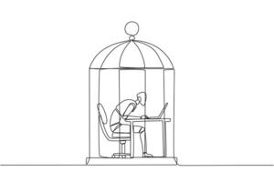 Single one line drawing robot trapped in the cage working on laptop computer. Plan to take annual leave to get away from routine. Workaholic. Overtime. Continuous line design graphic illustration vector