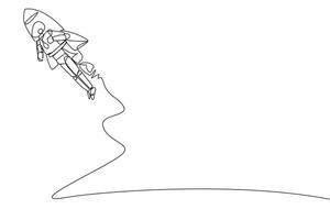 Single one line drawing smart robot flying with rocket. Desire to take the business to the moon. Successful entrepreneur. The great smartest robot. AI tech. Continuous line design graphic illustration vector