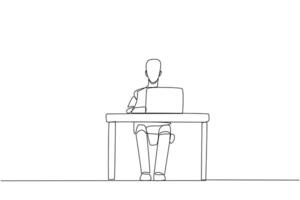 Continuous one line drawing robot sitting typing on laptop computer. Prepare important data to presenting in front of Board of Director. Hectic. AI tech. Single line draw design vector illustration