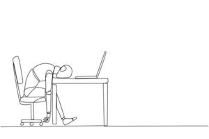 Single one line drawing robot fell asleep in front of laptop computer. Fatigue running business. Mental health problem. Exhausted and bored. AI technology. Continuous line design graphic illustration vector