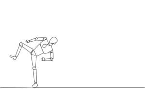 Continuous one line drawing robot doing taekwondo movements. Kicking motion. Strong legs. Keeping business with sport. Keep healthy stay strong. AI tech. Single line draw design vector illustration