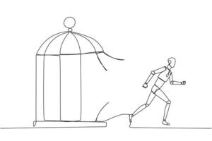 Single continuous line drawing smart robot trapped in the cage running through the cage. Metaphor penetrates the maximum limit of self. Desire to succeed. AI tech. One line design vector illustration