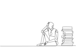 Single continuous line drawing robot sitting near piles of work files. Too much work is stressful. Putting off work makes work neglected. Tired. Unhappy. AI tech. One line design vector illustration