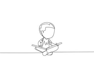 Single continuous line drawing boy sit down and put reading book on feet. Interesting to read the complete geographic map. Eliminate curiosity. Book festival. One line design vector illustration
