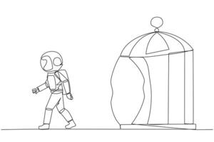 Continuous one line drawing astronaut trapped in cage and walking penetrate the cage. Metaphor seeking new challenges and experiences for better future. Single line draw design vector illustration