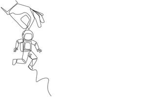 Single continuous line drawing big hand holding young astronaut. Workplace moving metaphor. Position transfer. Level up. Have bigger responsibilities. Successful. One line design vector illustration