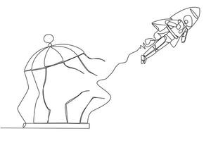 Single one line drawing robot flying with rocket and breaks the cage. Free from traps. Getting a booster to continue the business. Business soared. AI tech. Continuous line design graphic illustration vector