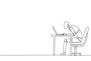 Single one line drawing robot sitting and typing on laptop computer. Work hard to achieve maximum expected results. Overtime and work smart. AI technology. Continuous line design graphic illustration vector