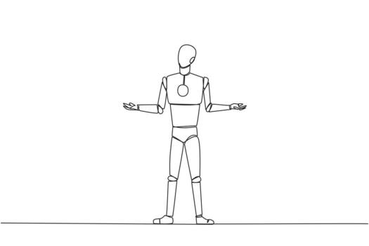Continuous one line drawing smart robot standing straight with open arms. Lonely and sadness robot lamenting undeveloped business. Unhappy manager. AI tech. Single line draw design vector illustration