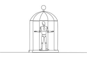 Single one line drawing robot trapped in cage standing with open arms. Surrender to the situation. Forced to stay in a cage. Business is not growing. Tech. Continuous line design graphic illustration vector