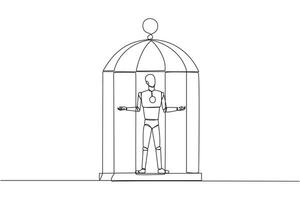 Single one line drawing robot trapped in cage standing with open arms. Surrender to the situation. Forced to stay in a cage. Business is not growing. Tech. Continuous line design graphic illustration vector