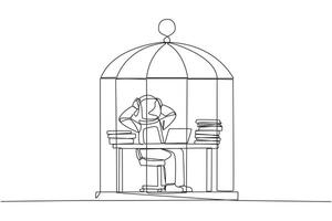 Continuous one line drawing astronaut trapped in cage sitting on office chair holding head. Being in routine trap. Tired and irritated with the daily grind. Single line draw design vector illustration