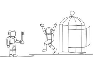 Single continuous line drawing young astronaut who was free by colleague from the trap of a cage. Teamwork metaphor. Growing business together. Great relationship. One line design vector illustration