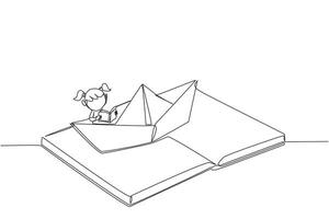 Single continuous line drawing girl reading a book on a paper boat. Maintain the good habits. The metaphor of reading can explore oceans. Book festival concept. One line design vector illustration