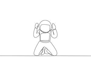 Single one line drawing young astronaut kneeling like praying. Lost hope. Businesses will bankrupt if fail to get bona fide clients. Gesture of surrender. Continuous line design graphic illustration vector