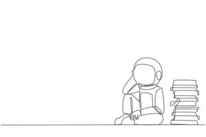 Continuous one line drawing astronaut sitting near piles of work files. Too much work is stressful. Putting off work makes work neglected. Tired. Unhappy. Single line draw design vector illustration