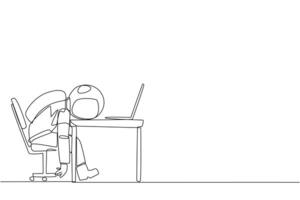 Continuous one line drawing astronaut fell asleep in front of a laptop computer. Fatigue running a business. Mental health problem. Exhausted and bored. Single line draw design vector illustration