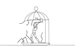 Single continuous line drawing smart robot trapped in the cage holding an axe and destroy the cage. Everything is done to be free. Rising anger. Disappointed. Tech. One line design vector illustration