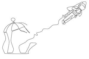 Continuous one line drawing astronaut flying with rocket and breaks the cage. Free from traps. Getting a booster to continue the business. Business soared. Single line draw design vector illustration