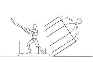 Continuous one line drawing smart robot trapped in the cage holds samurai. Expression of anger over the limitations that shackle. Seek freedom at any cost. Single line draw design vector illustration