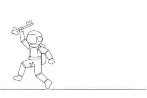 Single one line drawing young astronaut running holding key. Doing celebrate. Perform movements like a relay athlete. The secret key to business revival. Continuous line design graphic illustration vector