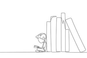 Single one line drawing happy boy reading sitting leaning against a pile of books. Habit of reading books every day. Library. Good habit. Book festival. Continuous line design graphic illustration vector