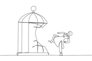 Continuous one line drawing Arabian businesswoman destroy cage with the kick. Metaphors remove the comfort zone trap. A genius entrepreneur for the company. Single line draw design vector illustration