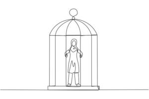 Single continuous line drawing Arabian businesswoman trapped in cage standing hold the iron bars. Imprisoned body and mind. Limited opportunity. Feeling exhausted. One line design vector illustration