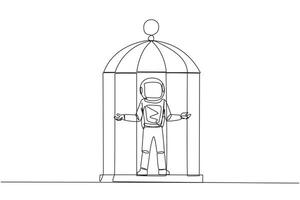 Single continuous line drawing astronaut trapped in cage standing with open arms. Surrender to the situation. Forced to stay in a cage. Business is not growing. One line design vector illustration