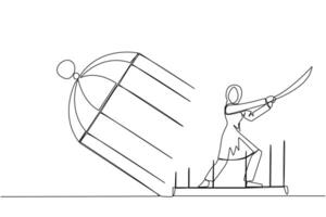 Single continuous line drawing Arab businesswoman trapped in cage holds samurai. Expression of anger over limitations that shackle. Seek freedom at any cost. Madness. One line vector illustration